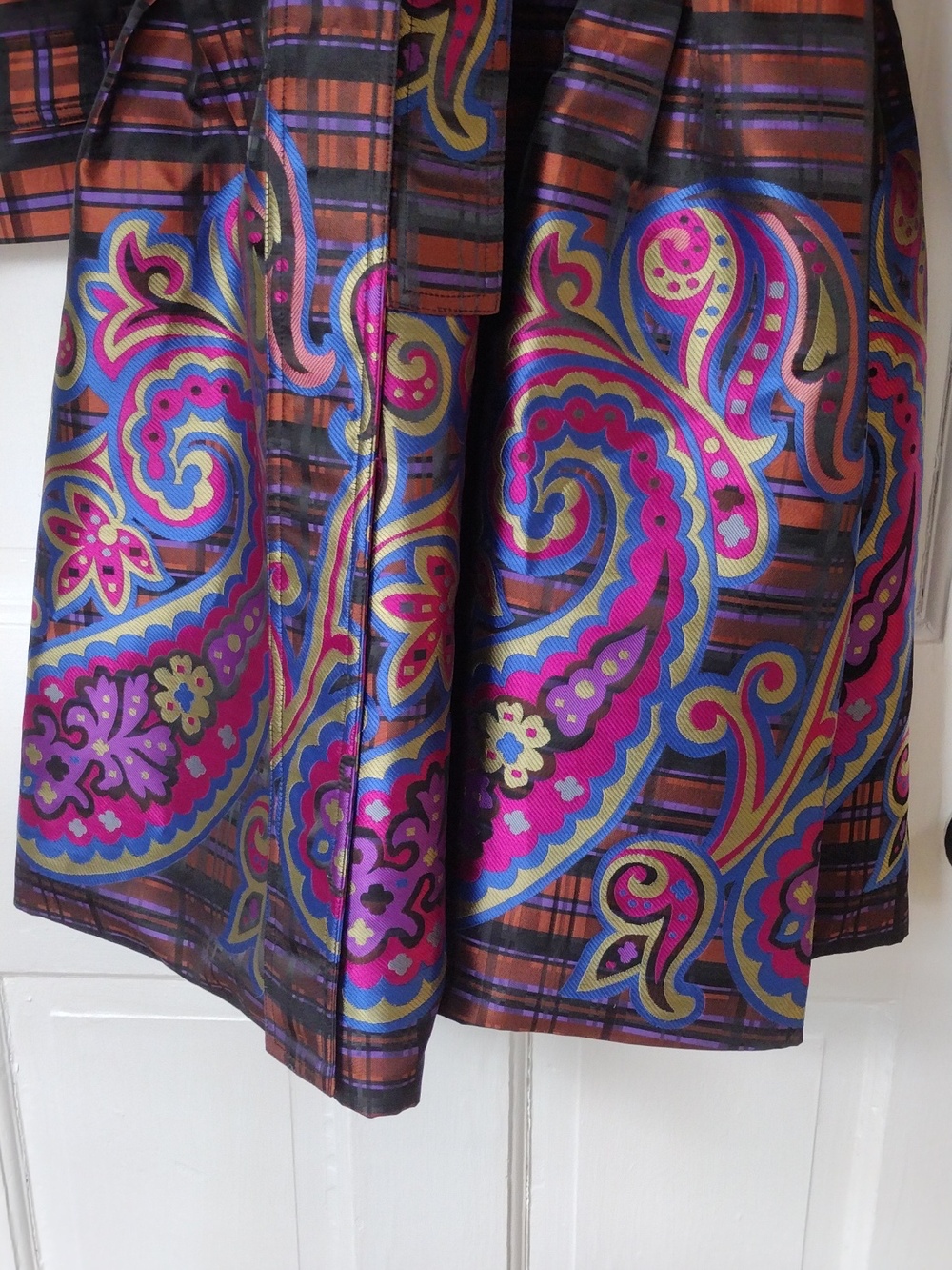 Samual Dong Colorful Plaid Trench Coat with Paisley Hem - Picture 5 of 9